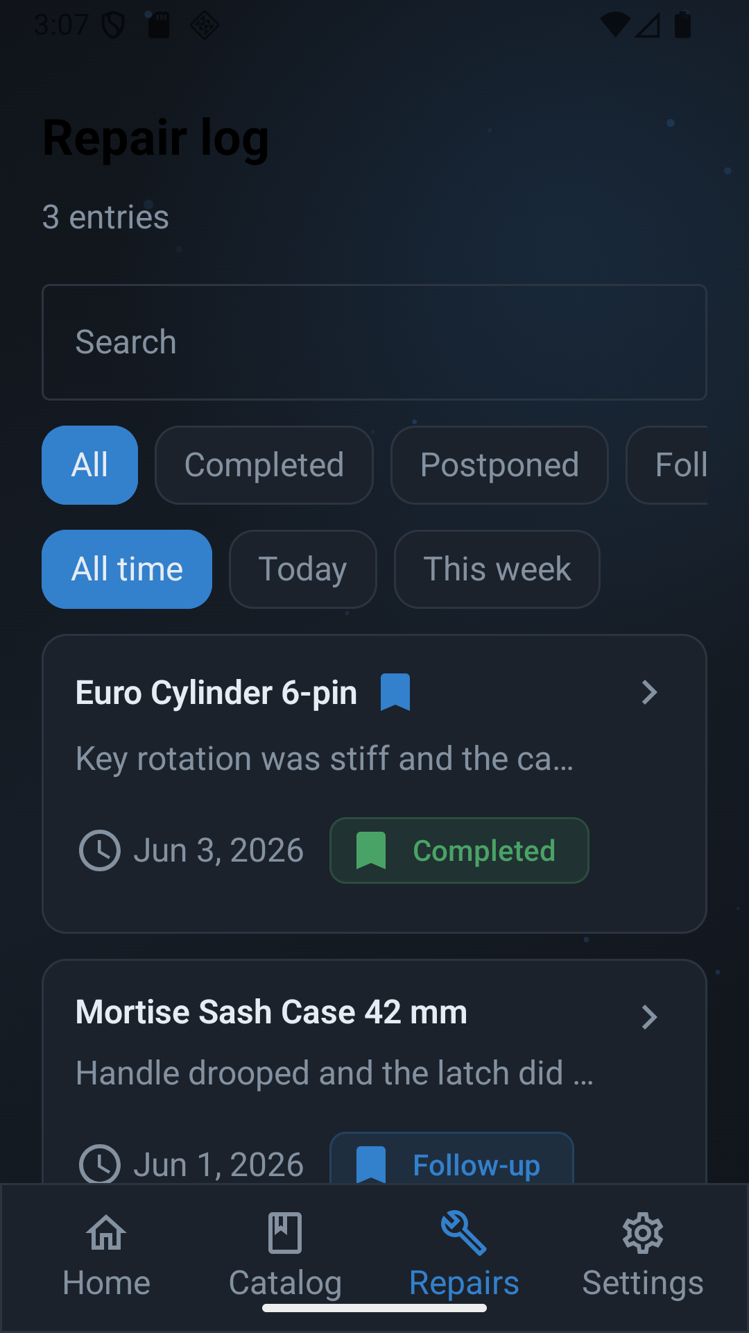 Vault Locksmith repair log screen