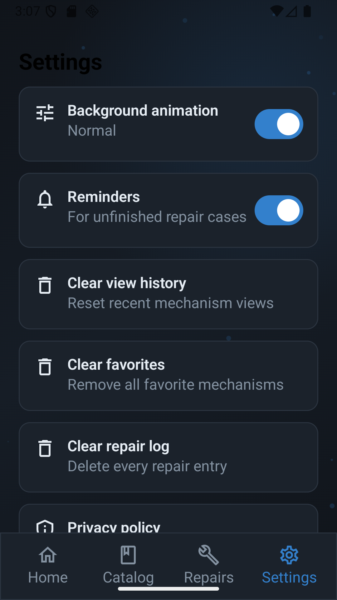 Settings screen